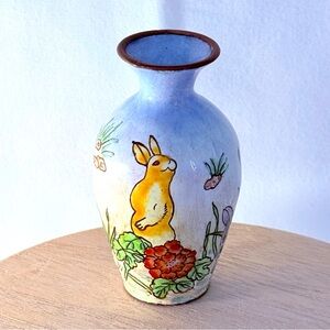 Miniature Vintage Empress Arts Enamel Copper Bud Vase Hand Painted Rabbit Flower